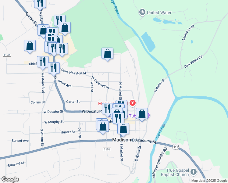 map of restaurants, bars, coffee shops, grocery stores, and more near 104 West Cardwell Street in Madison
