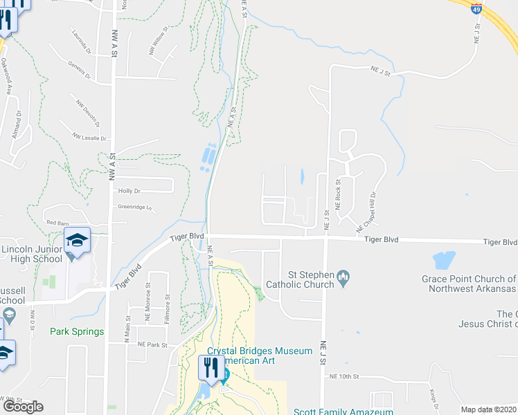 map of restaurants, bars, coffee shops, grocery stores, and more near 1407 Northeast Young Avenue in Bentonville