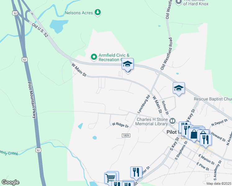 map of restaurants, bars, coffee shops, grocery stores, and more near 831 Sunset Drive in Pilot Mountain