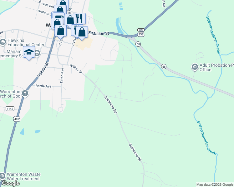 map of restaurants, bars, coffee shops, grocery stores, and more near 101-199 West Spring Valley Street in Warrenton