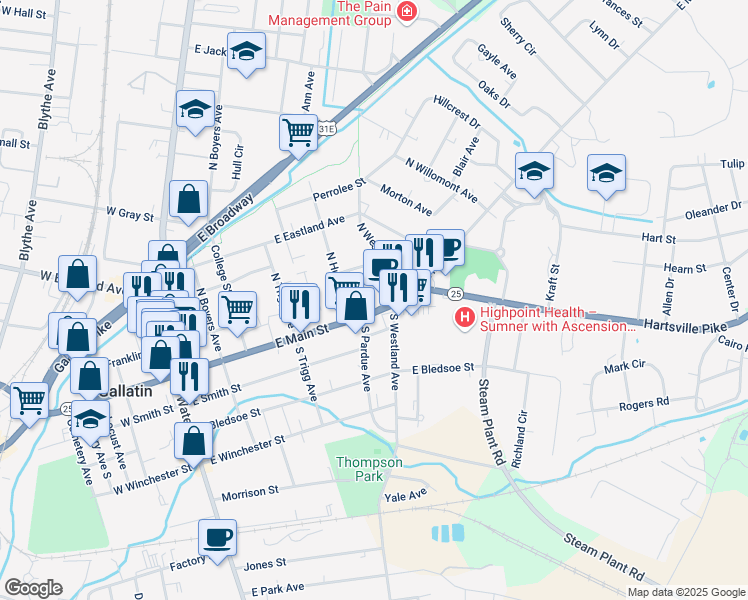 map of restaurants, bars, coffee shops, grocery stores, and more near 126 North Westland Avenue in Gallatin