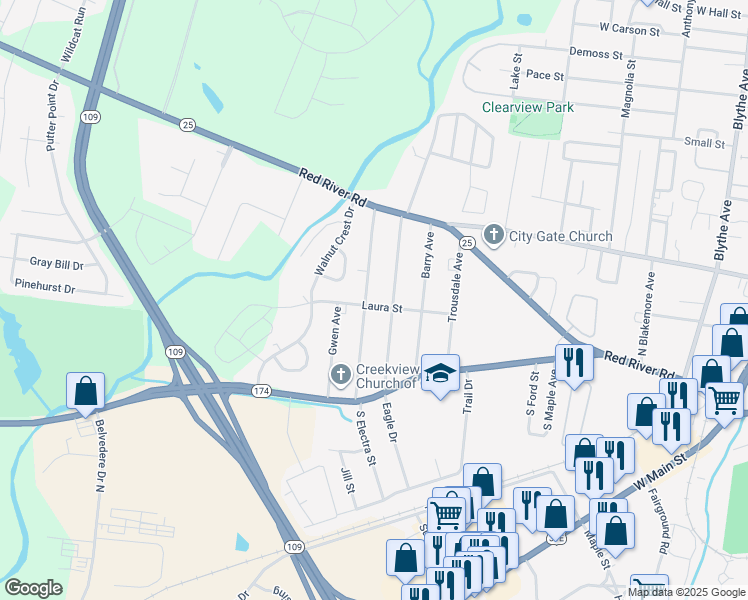 map of restaurants, bars, coffee shops, grocery stores, and more near 211 North Electra Street in Gallatin