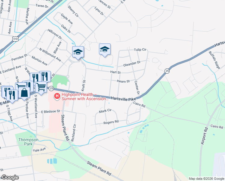 map of restaurants, bars, coffee shops, grocery stores, and more near 318 Allen Drive in Gallatin