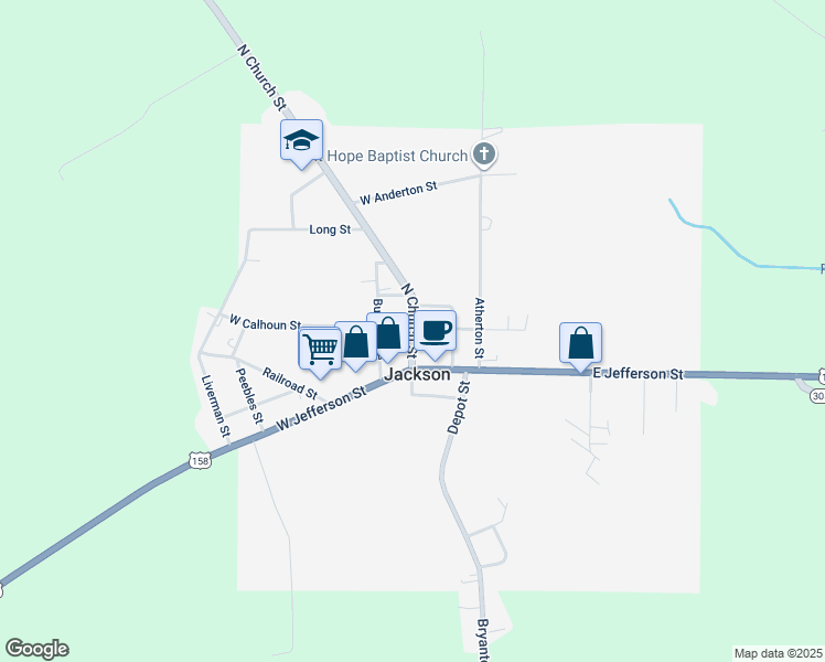 map of restaurants, bars, coffee shops, grocery stores, and more near 175 North Church Street in Jackson