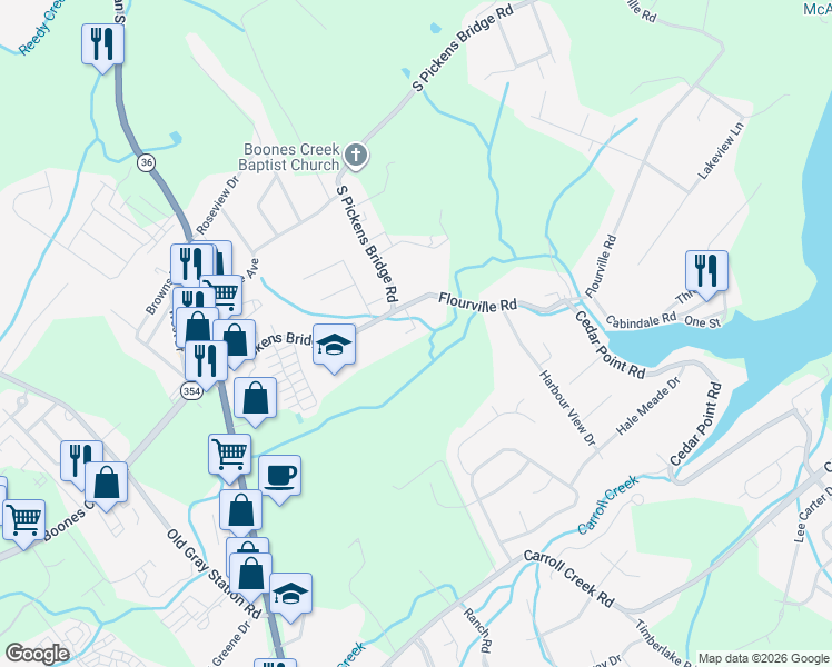 map of restaurants, bars, coffee shops, grocery stores, and more near 106 Flourville Road in Johnson City