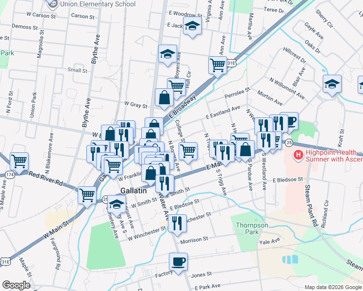 map of restaurants, bars, coffee shops, grocery stores, and more near 265 Brown Place in Gallatin