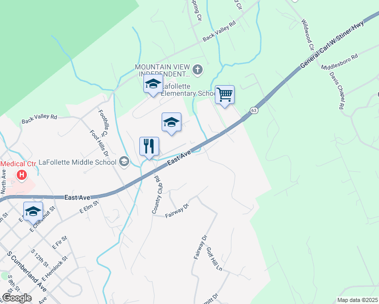 map of restaurants, bars, coffee shops, grocery stores, and more near 1309 East Central Avenue in LaFollette