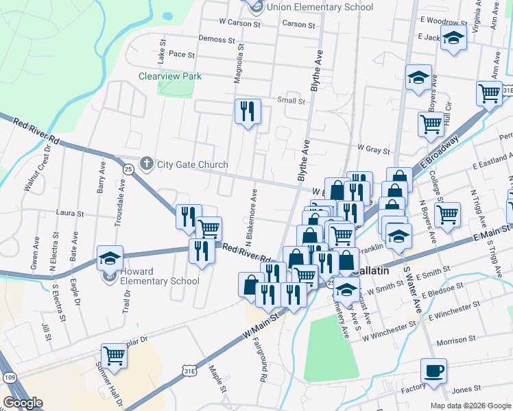 map of restaurants, bars, coffee shops, grocery stores, and more near 235 North Blakemore Avenue in Gallatin