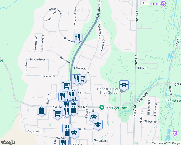 map of restaurants, bars, coffee shops, grocery stores, and more near 1602 Oakwood Avenue in Bentonville