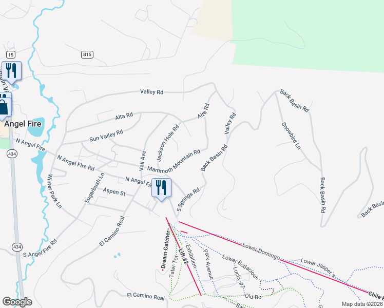 map of restaurants, bars, coffee shops, grocery stores, and more near Stowe Place in Angel Fire