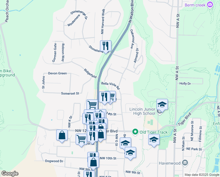 map of restaurants, bars, coffee shops, grocery stores, and more near 1515 Northwest Belle Royal Court in Bentonville