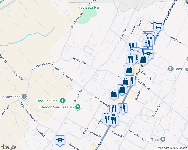 map of restaurants, bars, coffee shops, grocery stores, and more near 800-898 Salazar Rd in Taos