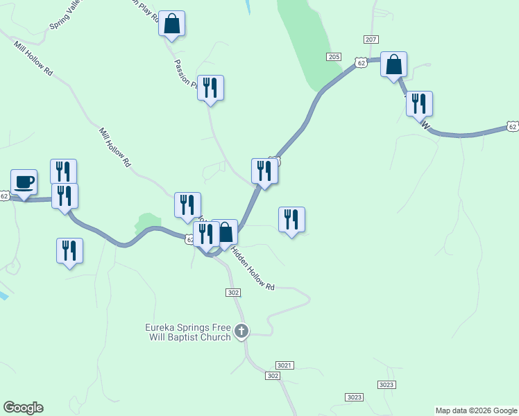 map of restaurants, bars, coffee shops, grocery stores, and more near in Eureka Springs