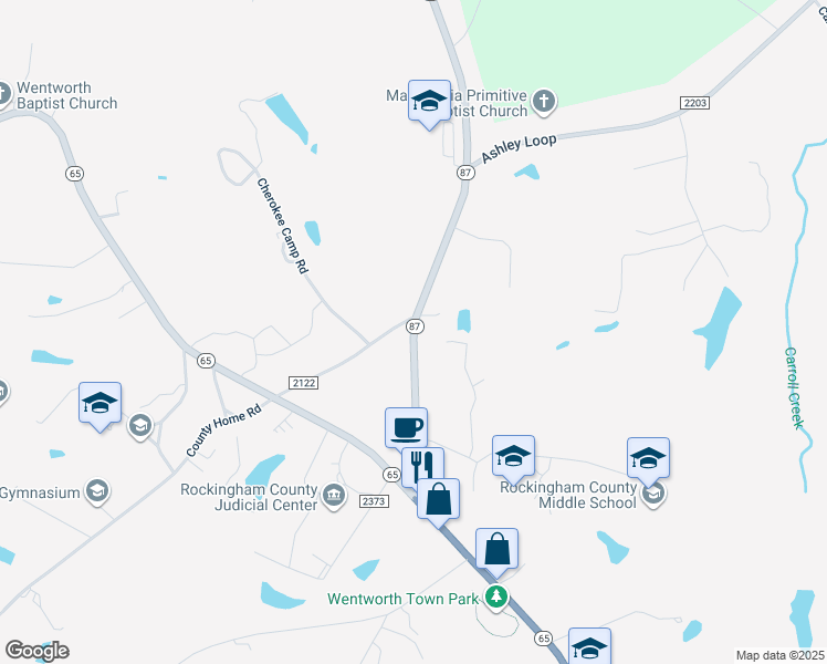 map of restaurants, bars, coffee shops, grocery stores, and more near 8578 Highway 87 in Reidsville