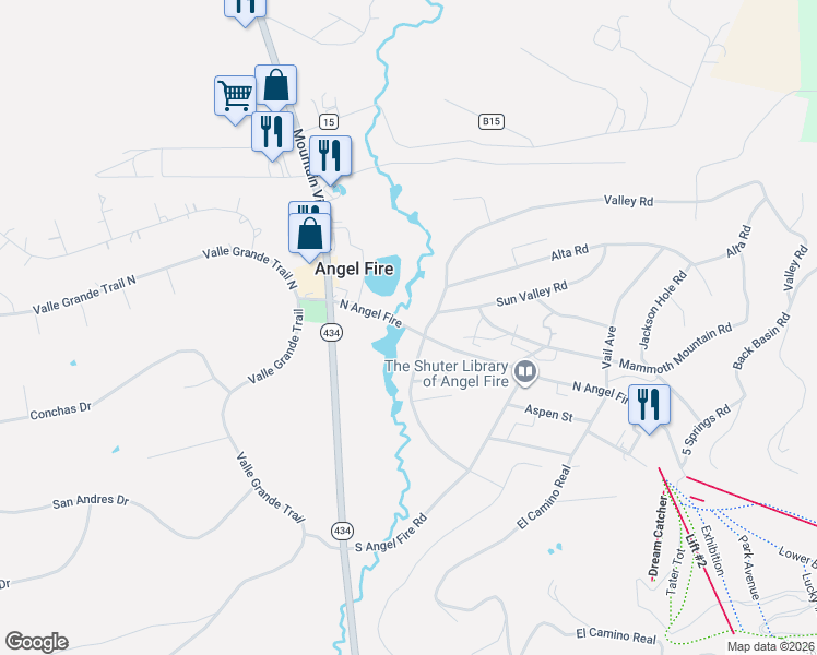 map of restaurants, bars, coffee shops, grocery stores, and more near 11 North Angel Fire Road in Angel Fire