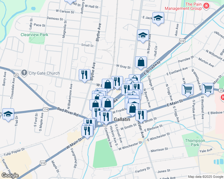 map of restaurants, bars, coffee shops, grocery stores, and more near 242 West Eastland Avenue in Gallatin