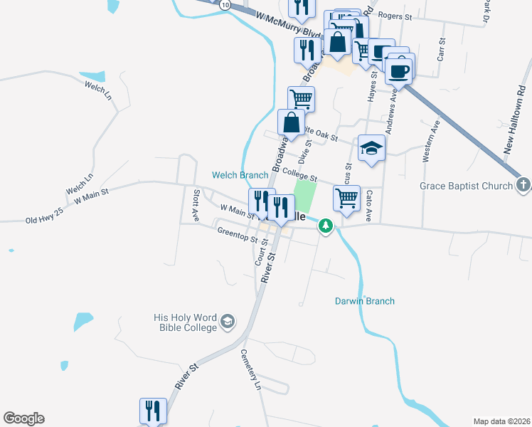 map of restaurants, bars, coffee shops, grocery stores, and more near 201 Broadway in Hartsville