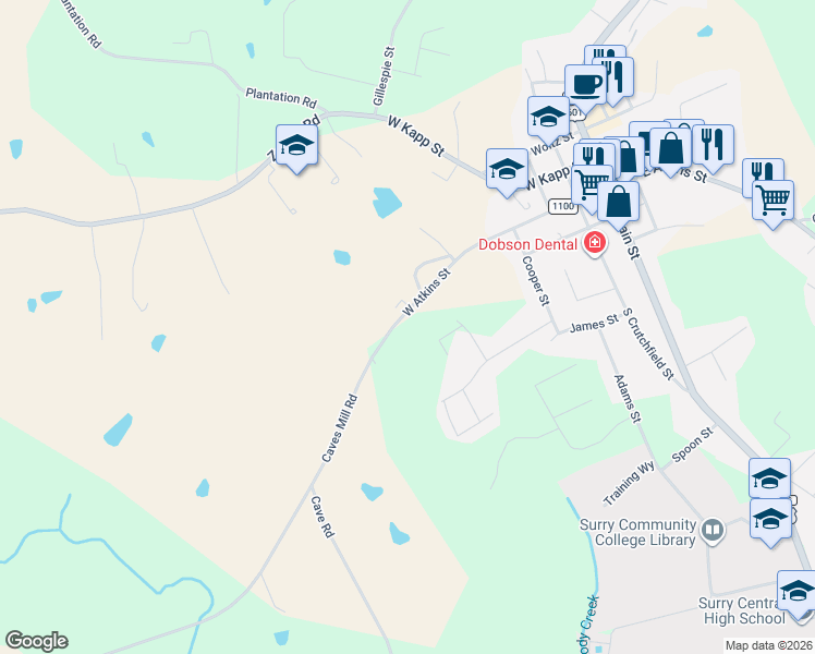 map of restaurants, bars, coffee shops, grocery stores, and more near 602 West Atkins Street in Dobson
