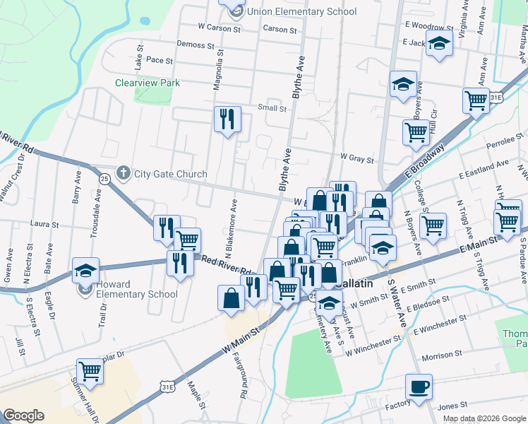 map of restaurants, bars, coffee shops, grocery stores, and more near 405 West Eastland Avenue in Gallatin