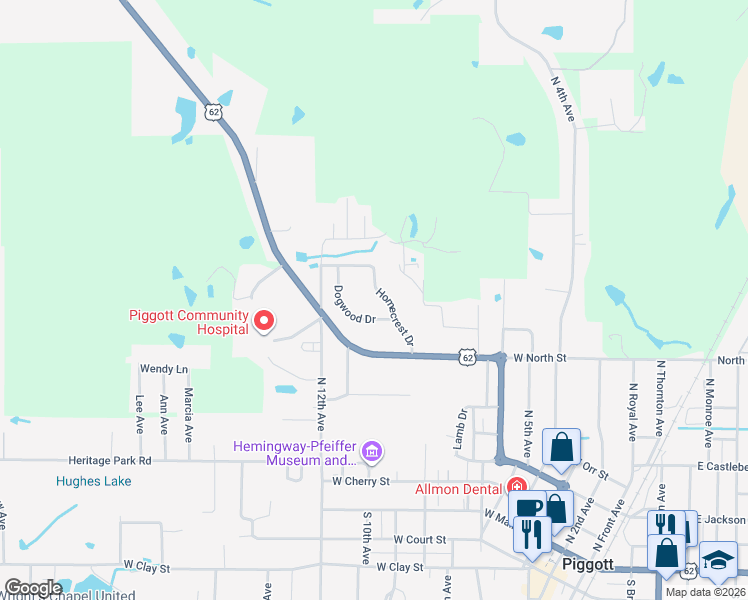 map of restaurants, bars, coffee shops, grocery stores, and more near 1018 Homecrest Drive in Piggott