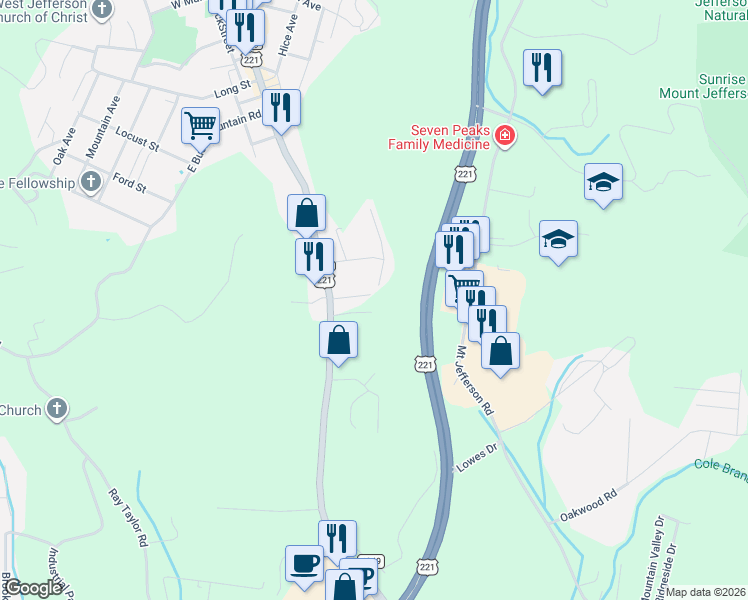 map of restaurants, bars, coffee shops, grocery stores, and more near 1 Fairview Drive in West Jefferson