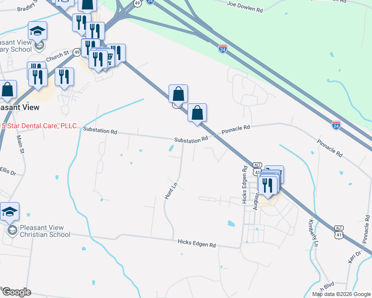 map of restaurants, bars, coffee shops, grocery stores, and more near 1606 Hunt Lane in Pleasant View