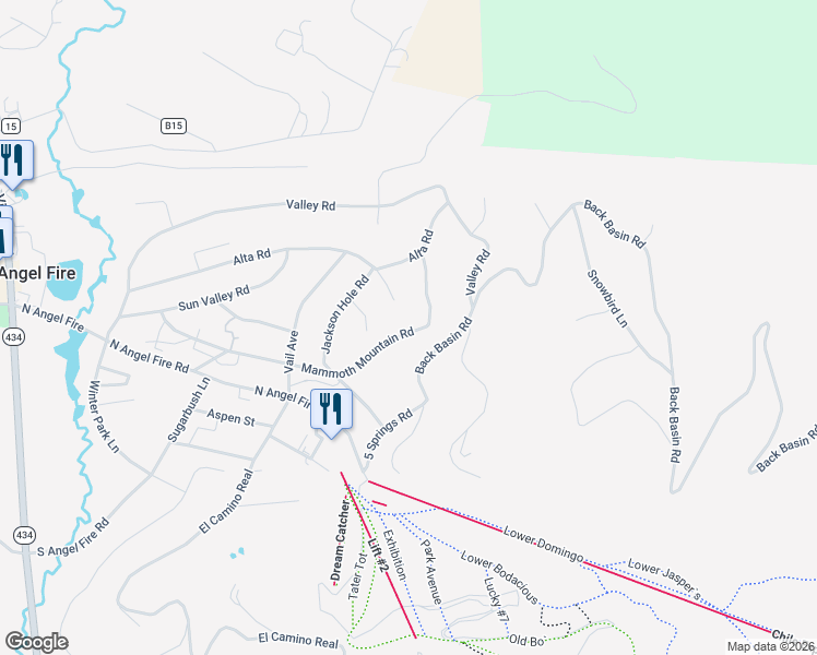 map of restaurants, bars, coffee shops, grocery stores, and more near 15 Boyne Mountain Place in Angel Fire