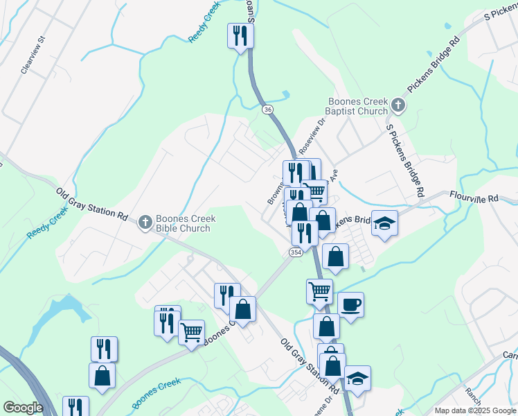 map of restaurants, bars, coffee shops, grocery stores, and more near 163 Browns Road in Johnson City