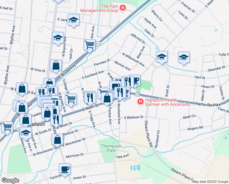 map of restaurants, bars, coffee shops, grocery stores, and more near 126 North Westland Avenue in Gallatin