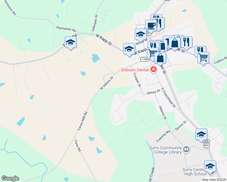 map of restaurants, bars, coffee shops, grocery stores, and more near 212 Wesleyan Drive in Dobson