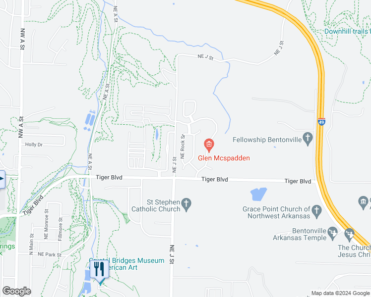 map of restaurants, bars, coffee shops, grocery stores, and more near 1612 Northeast Rock Street in Bentonville