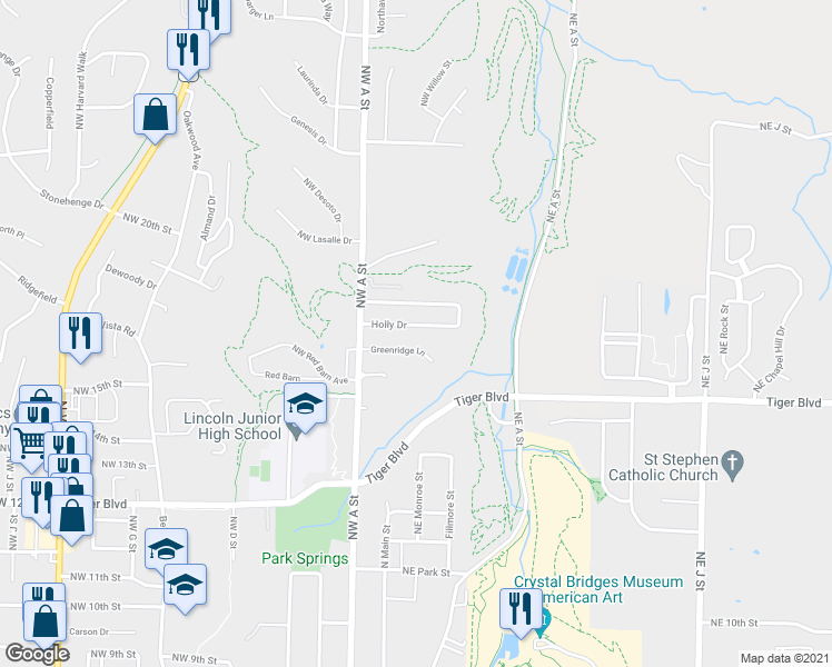 map of restaurants, bars, coffee shops, grocery stores, and more near 16 Holly Drive in Bentonville