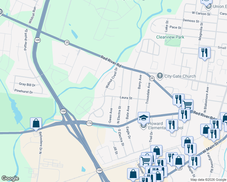 map of restaurants, bars, coffee shops, grocery stores, and more near 220 Greenleaf Circle in Gallatin