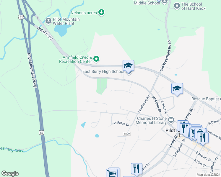 map of restaurants, bars, coffee shops, grocery stores, and more near 831 Sunset Drive in Pilot Mountain