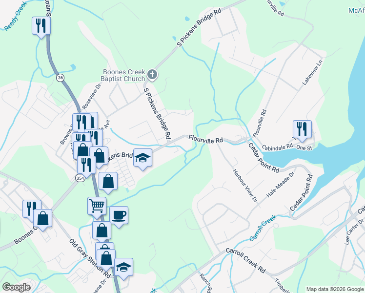 map of restaurants, bars, coffee shops, grocery stores, and more near 106 Flourville Road in Johnson City