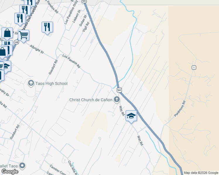 map of restaurants, bars, coffee shops, grocery stores, and more near 601-699 Calle De Cosme in Taos