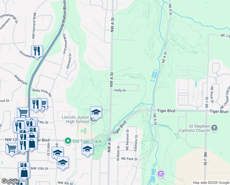 map of restaurants, bars, coffee shops, grocery stores, and more near 4 Holly Drive in Bentonville