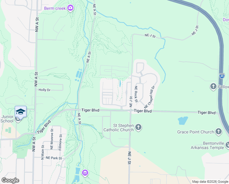 map of restaurants, bars, coffee shops, grocery stores, and more near 1502 Northeast Benjamin Greens in Bentonville
