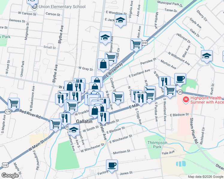 map of restaurants, bars, coffee shops, grocery stores, and more near 239 North Boyers Avenue in Gallatin
