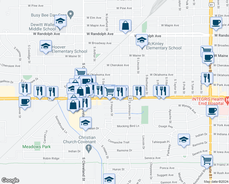 map of restaurants, bars, coffee shops, grocery stores, and more near 515 South Hayes Street in Enid