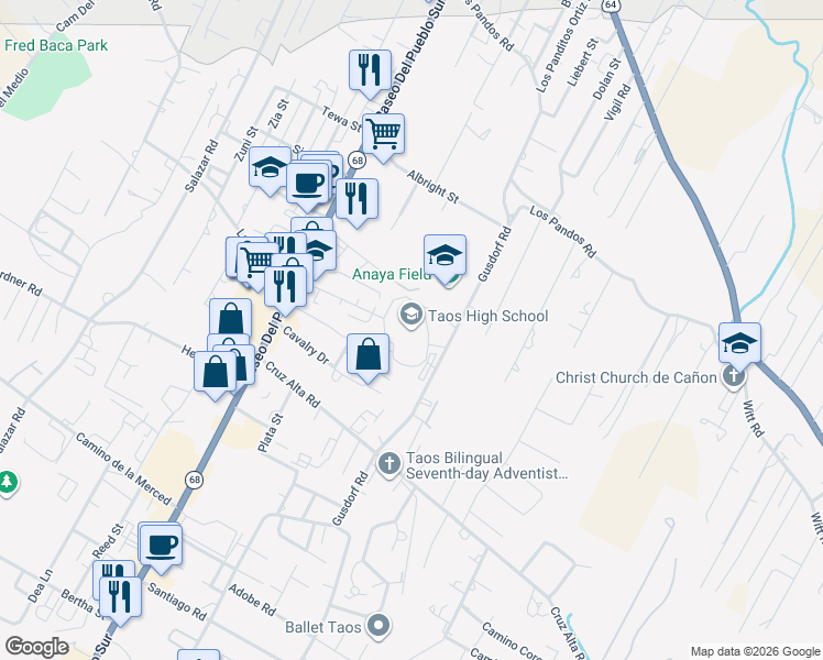 map of restaurants, bars, coffee shops, grocery stores, and more near 134 Cervantes Street in Taos