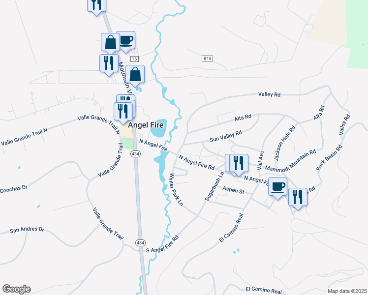 map of restaurants, bars, coffee shops, grocery stores, and more near 2-12 Valley Road in Angel Fire