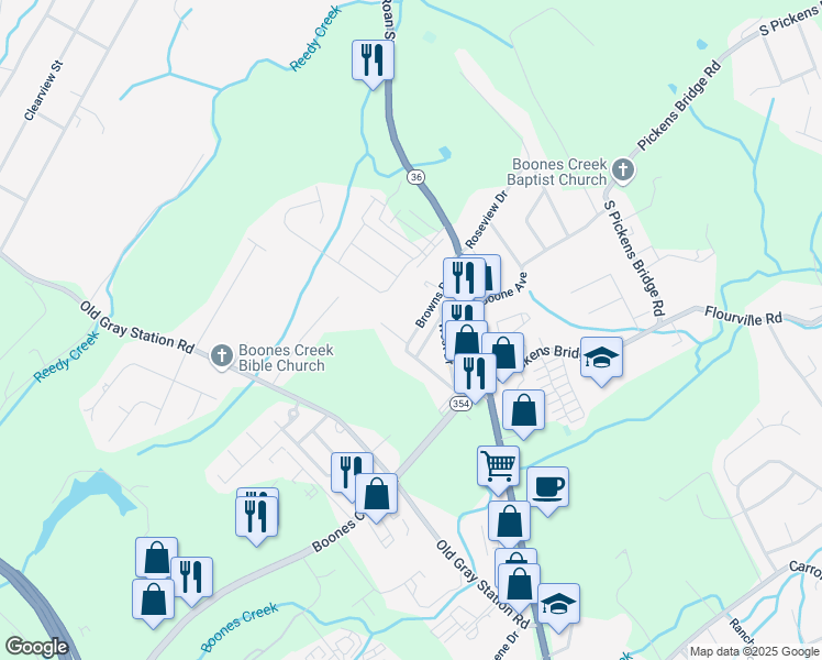 map of restaurants, bars, coffee shops, grocery stores, and more near 163 Browns Road in Johnson City