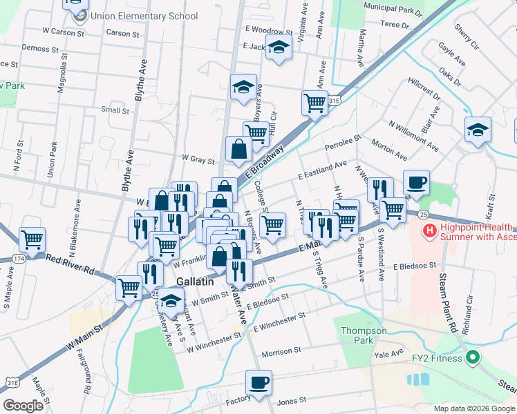 map of restaurants, bars, coffee shops, grocery stores, and more near 239 North Boyers Avenue in Gallatin