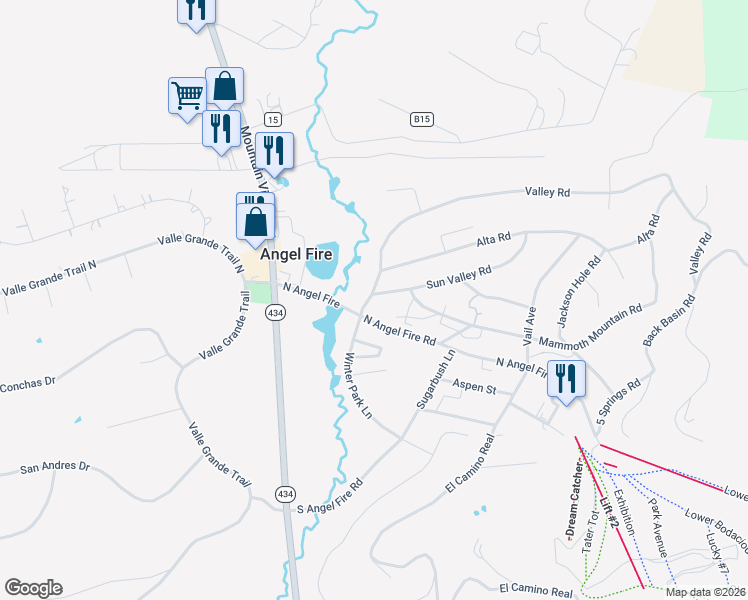 map of restaurants, bars, coffee shops, grocery stores, and more near 2-12 Valley Road in Angel Fire