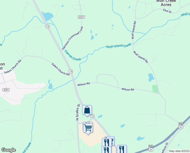 map of restaurants, bars, coffee shops, grocery stores, and more near 191 Wilson Road in Reidsville