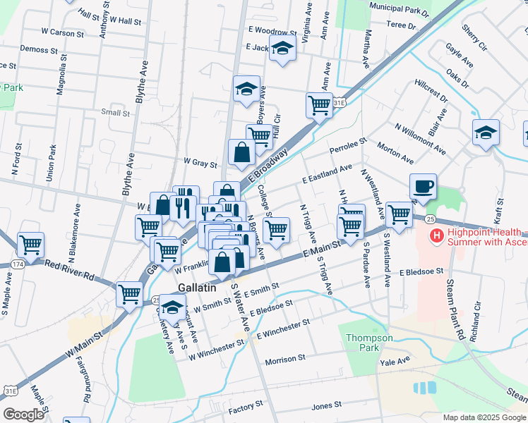 map of restaurants, bars, coffee shops, grocery stores, and more near 228 College Street in Gallatin