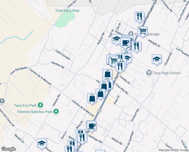 map of restaurants, bars, coffee shops, grocery stores, and more near 201 Herdner Road in Taos