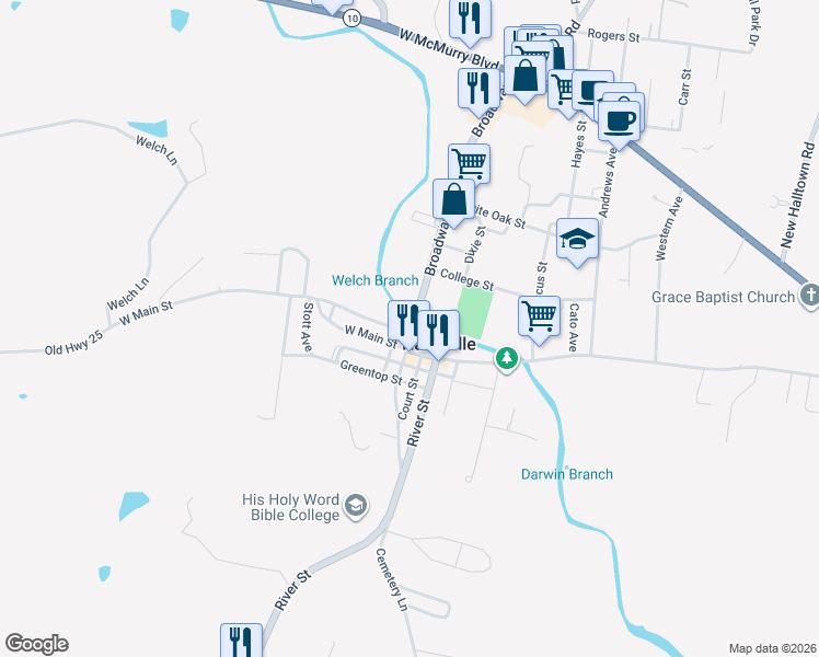 map of restaurants, bars, coffee shops, grocery stores, and more near 201 Broadway in Hartsville