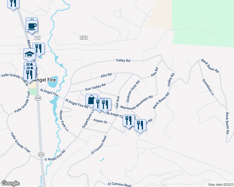 map of restaurants, bars, coffee shops, grocery stores, and more near 27 Vail Avenue in Angel Fire